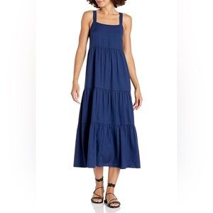 The Drop Britt Navy Blue Tiered Maxi Dress S Flowy Square Neck Casual Minimalist